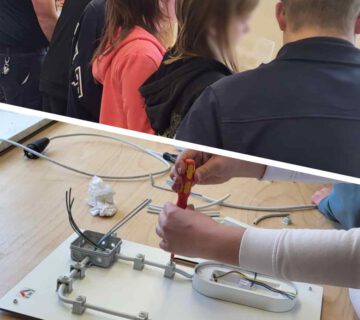 Schülerinnen und Schüler der Edersee-Schule Herzhausen arbeiten beim MINT GO Praxistag an einem Schaltbrett bei Energie Waldeck-Frankenberg.
