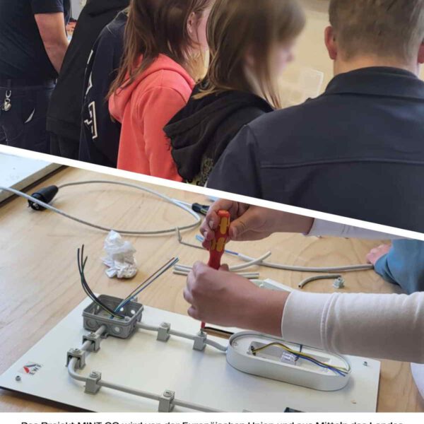 Schülerinnen und Schüler der Edersee-Schule Herzhausen arbeiten beim MINT GO Praxistag an einem Schaltbrett bei Energie Waldeck-Frankenberg.