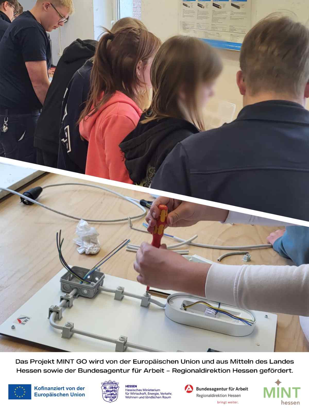 Schülerinnen und Schüler der Edersee-Schule Herzhausen arbeiten beim MINT GO Praxistag an einem Schaltbrett bei Energie Waldeck-Frankenberg.