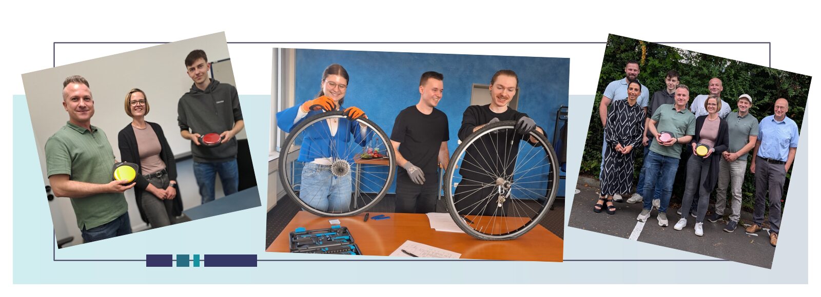 Fotocollage aus dem AdA Kurs in Kassel: Teilnehmende mit Quizbuzzern, ein Gruppenfoto und eine praktische Übung am Fahrrad